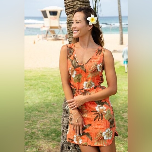 New Palmwave Hawaii Womens Size M Hawaiian Dress Waist Tie Orange Floral Mini - Picture 1 of 4